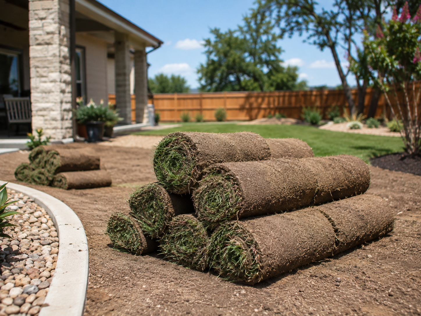Rolled sod pallets stacked in a backyard ready for installation at a stone home in Central Texas