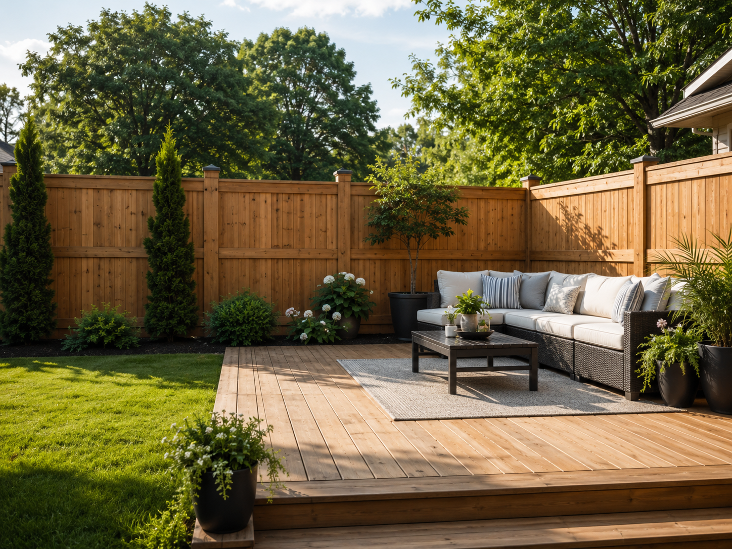 New cedar privacy fence surrounding a wood deck with outdoor furniture in a landscaped backyard