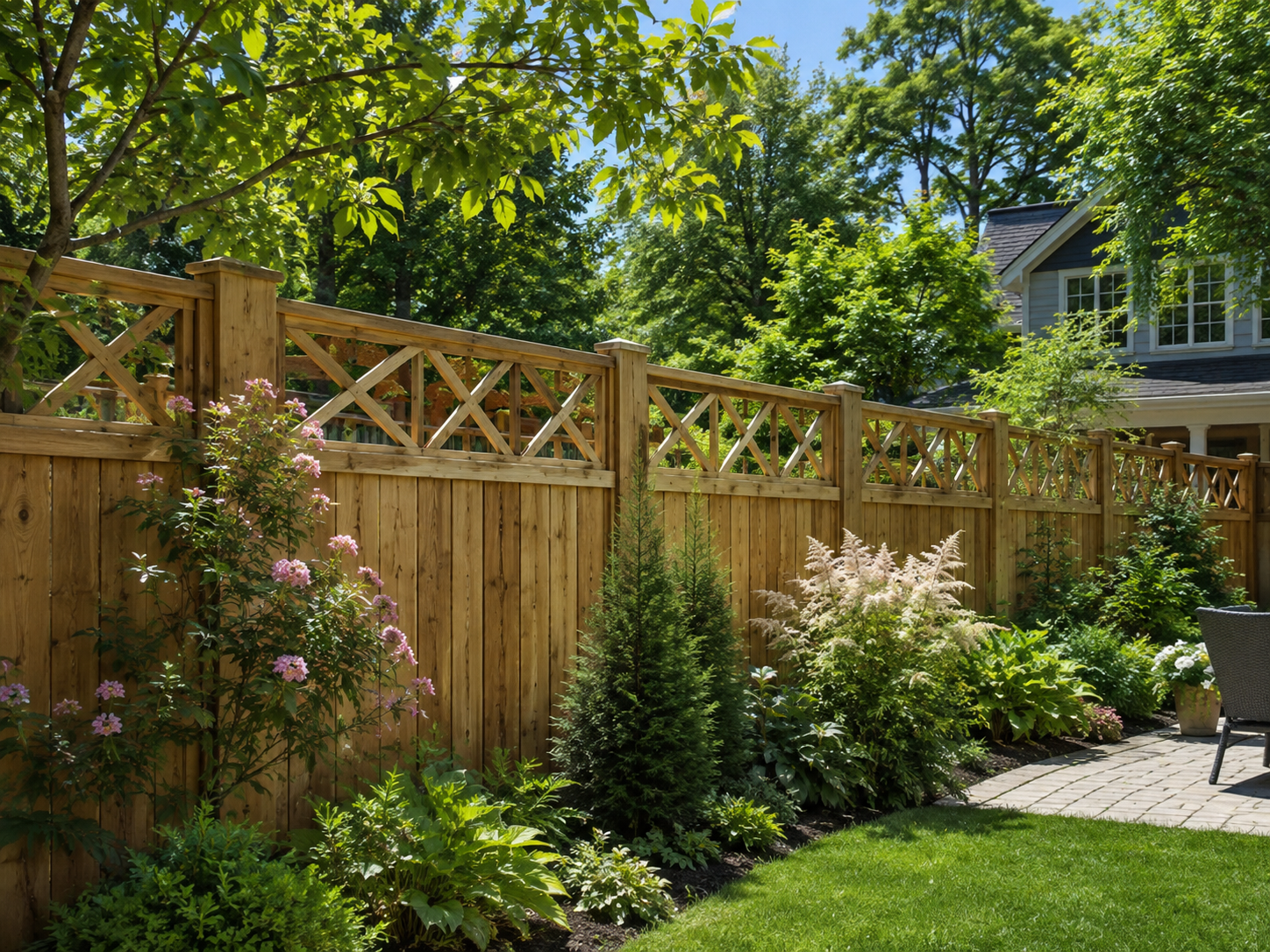 Decorative wood privacy fence with lattice topper and lush garden beds along a residential backyard