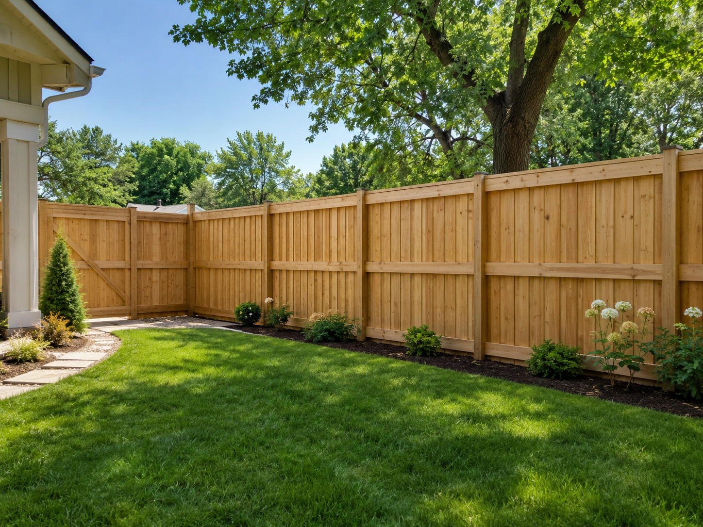Fresh cedar board-on-board privacy fence enclosing a green backyard with flower beds at a Brenham home