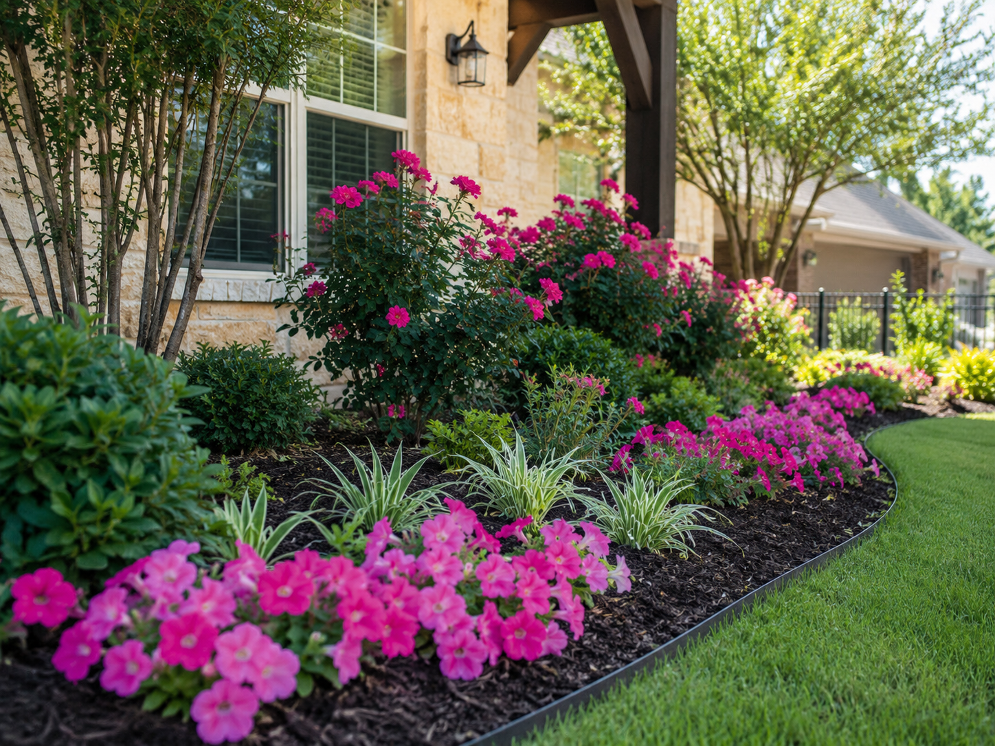 Vibrant pink crape myrtle and petunias in a freshly mulched landscape bed at a stone home in Texas