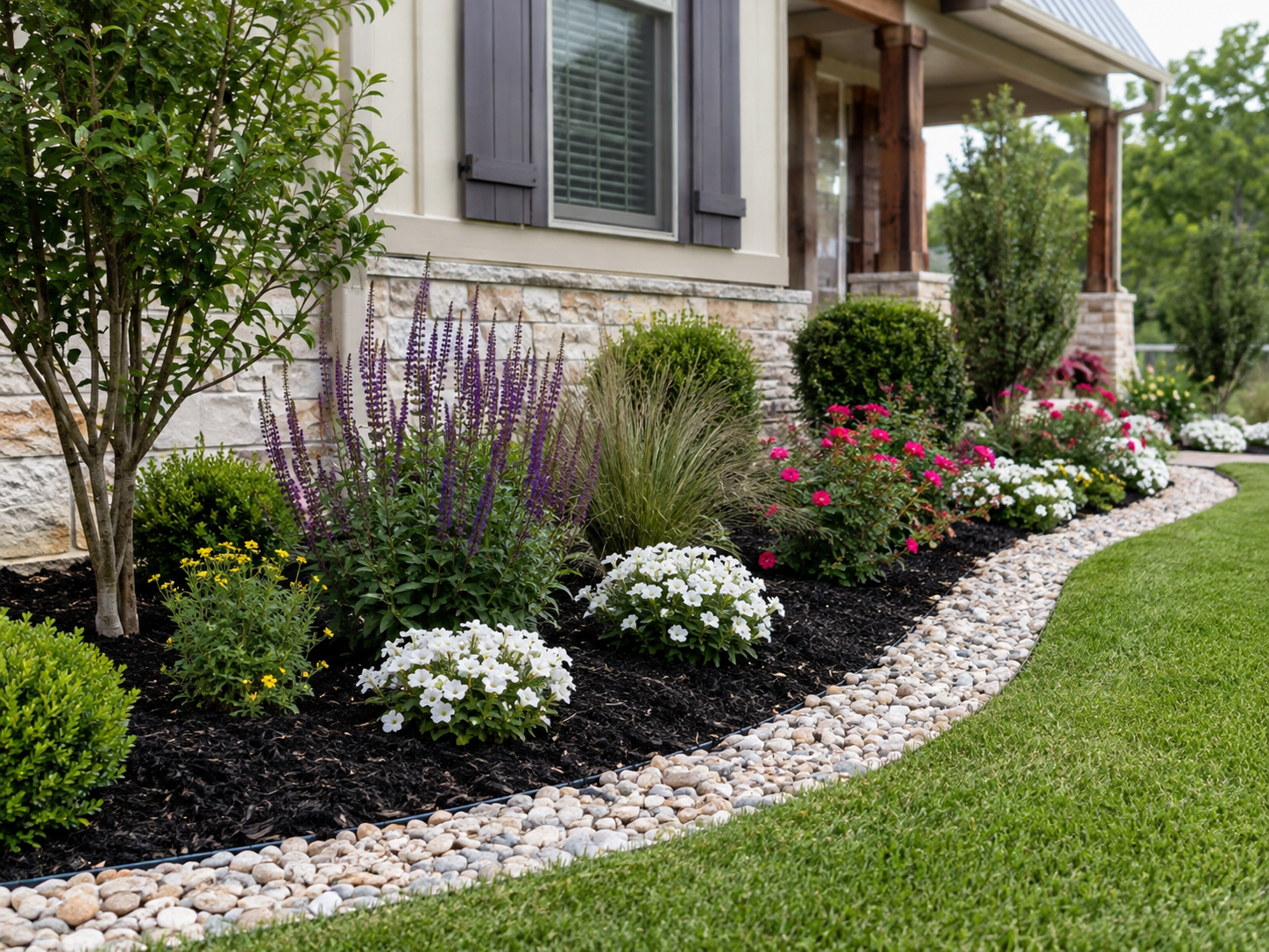 Mixed flower bed with purple salvia, white flowers, and decorative rock edging at a Central Texas home
