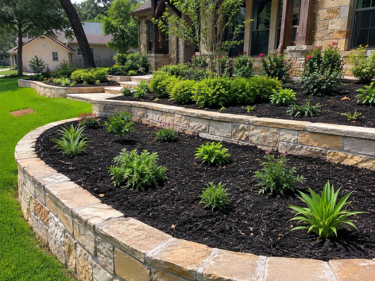 Terraced stone landscape beds with black mulch, mixed shrubs and flowers at a stone home in Brenham