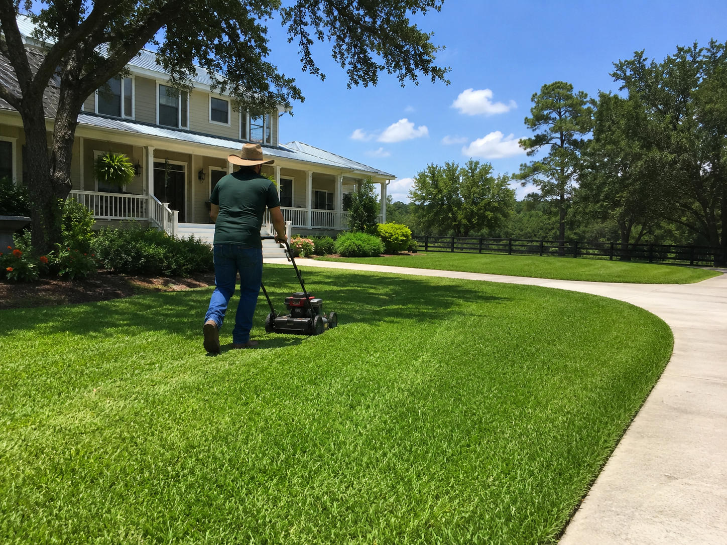 Lawn technician mowing a wide green lawn along a curved driveway at a Central Texas farmhouse