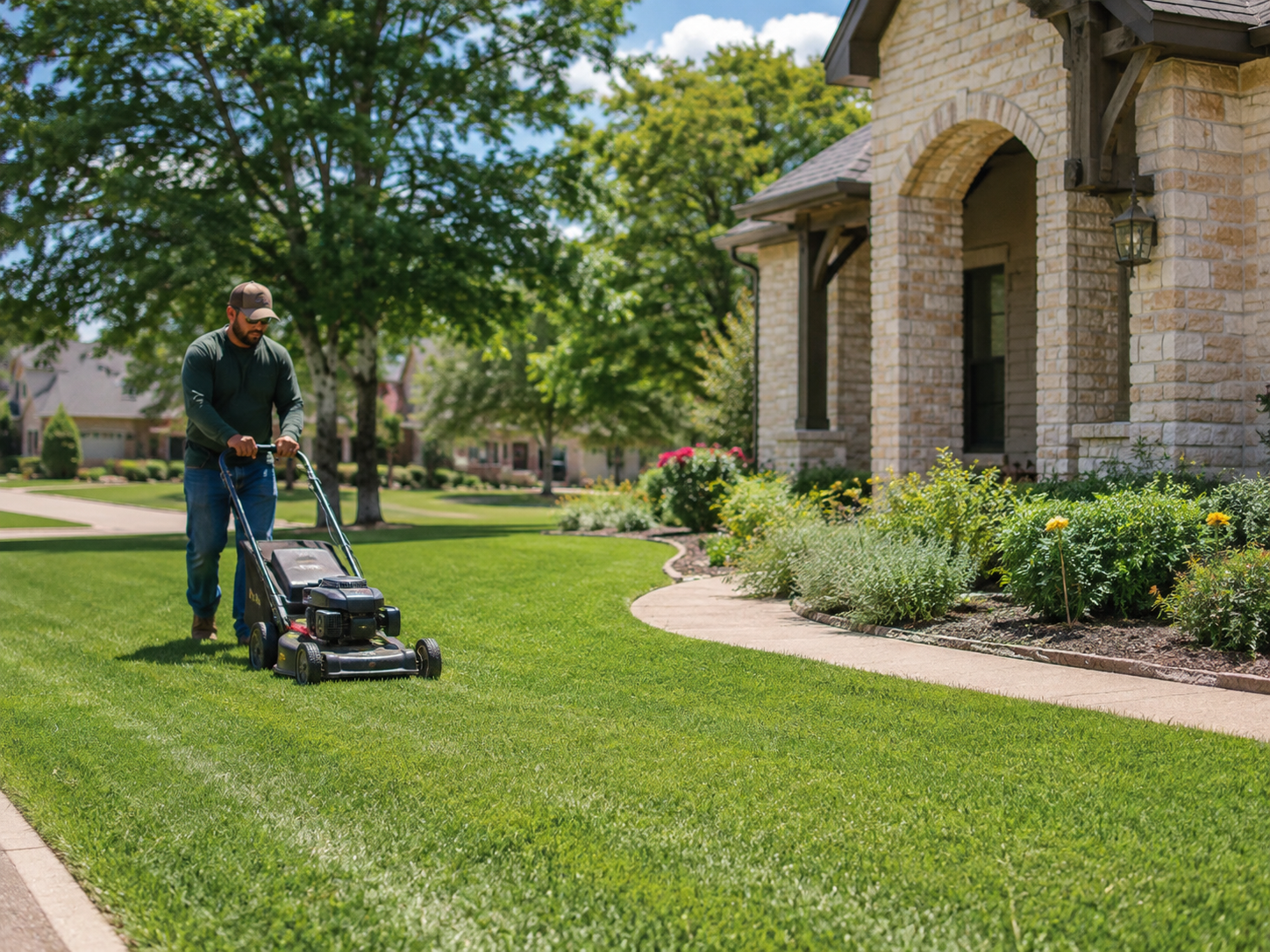 Lawn care technician push-mowing a lush green front yard at a stone home in Brenham, Texas