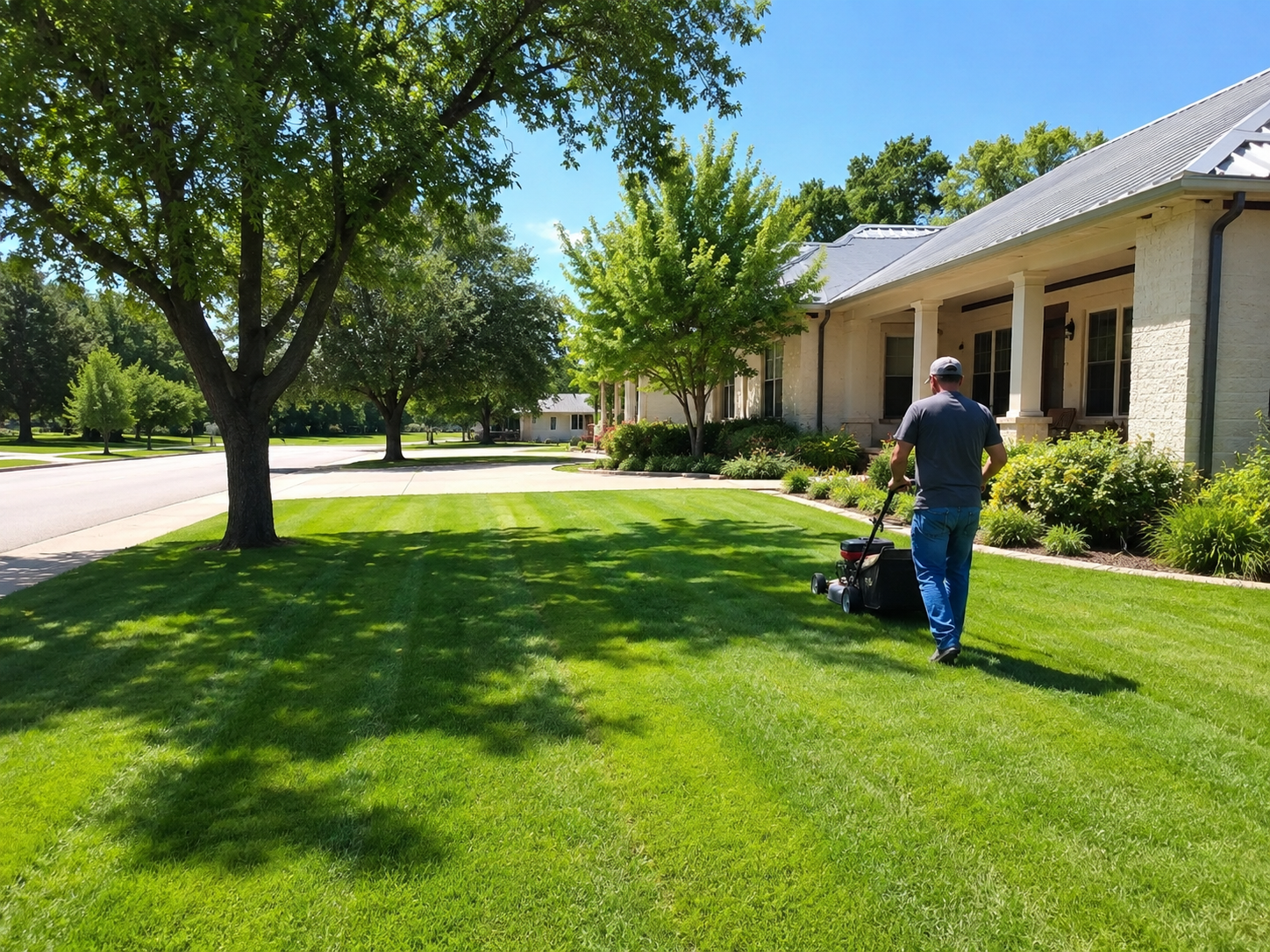 Lawn care technician mowing a large striped green lawn at a stone home in Central Texas