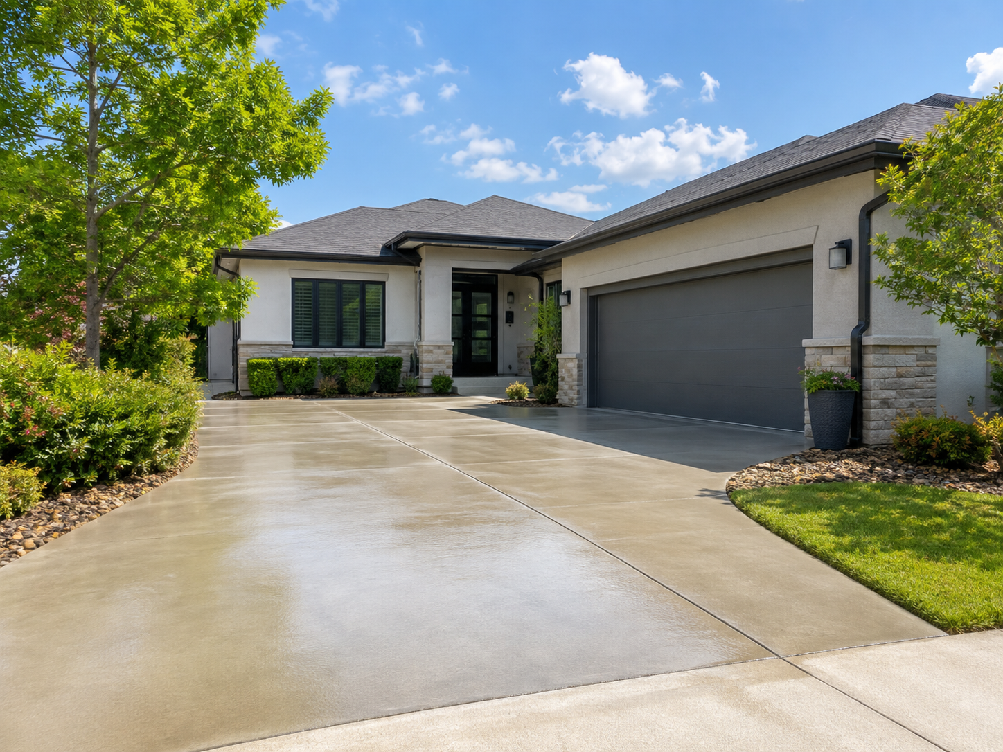 Clean light-colored concrete driveway at a modern stone and stucco home after pressure washing