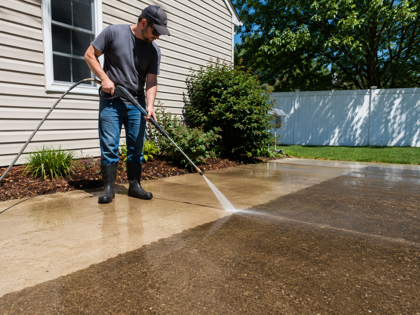 Technician pressure washing a dirty concrete patio next to a home, showing clean and dirty halves side by side
