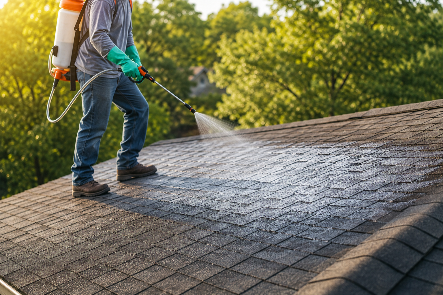 Technician with backpack sprayer applying soft-wash treatment to asphalt shingles to remove moss and algae