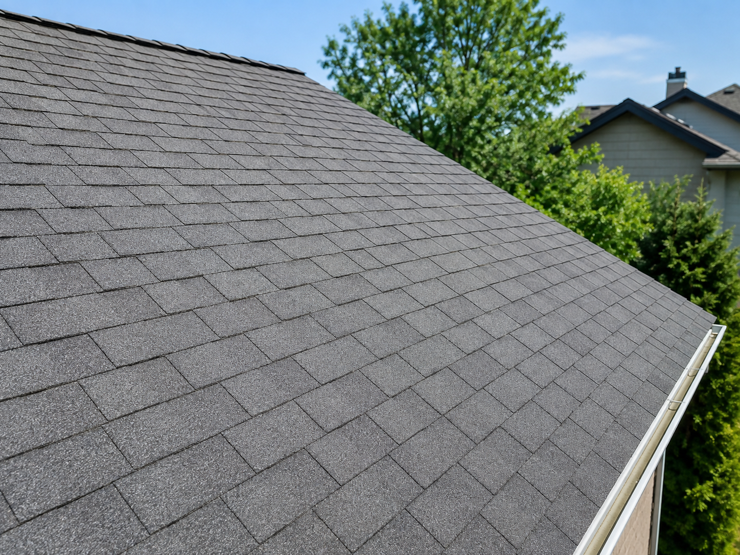 Close-up of clean gray asphalt shingles on a residential roof after soft-wash roof cleaning