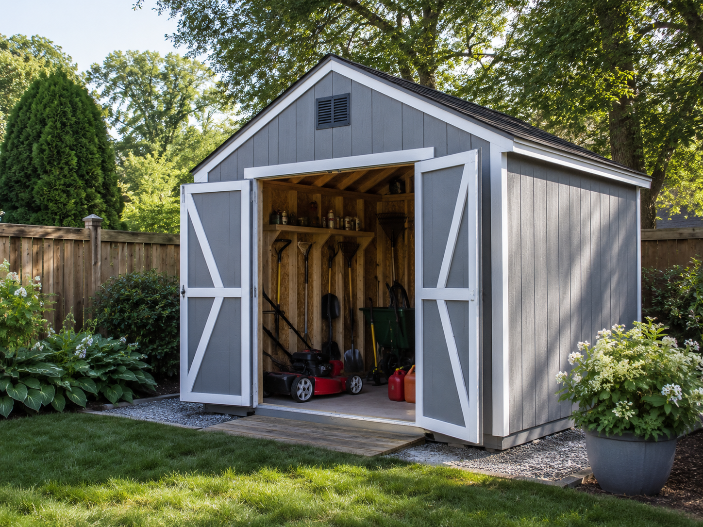 Gray wood storage shed with double doors open showing lawnmower and garden tools inside, surrounded by landscaping