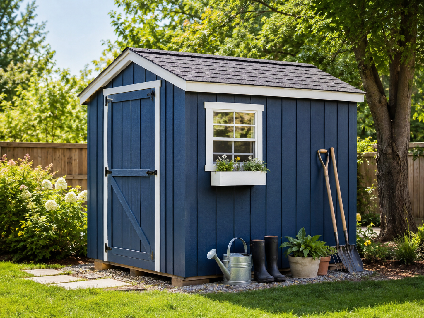 Navy blue wood shed with window box flowers, garden tools leaning against it, in a lush backyard