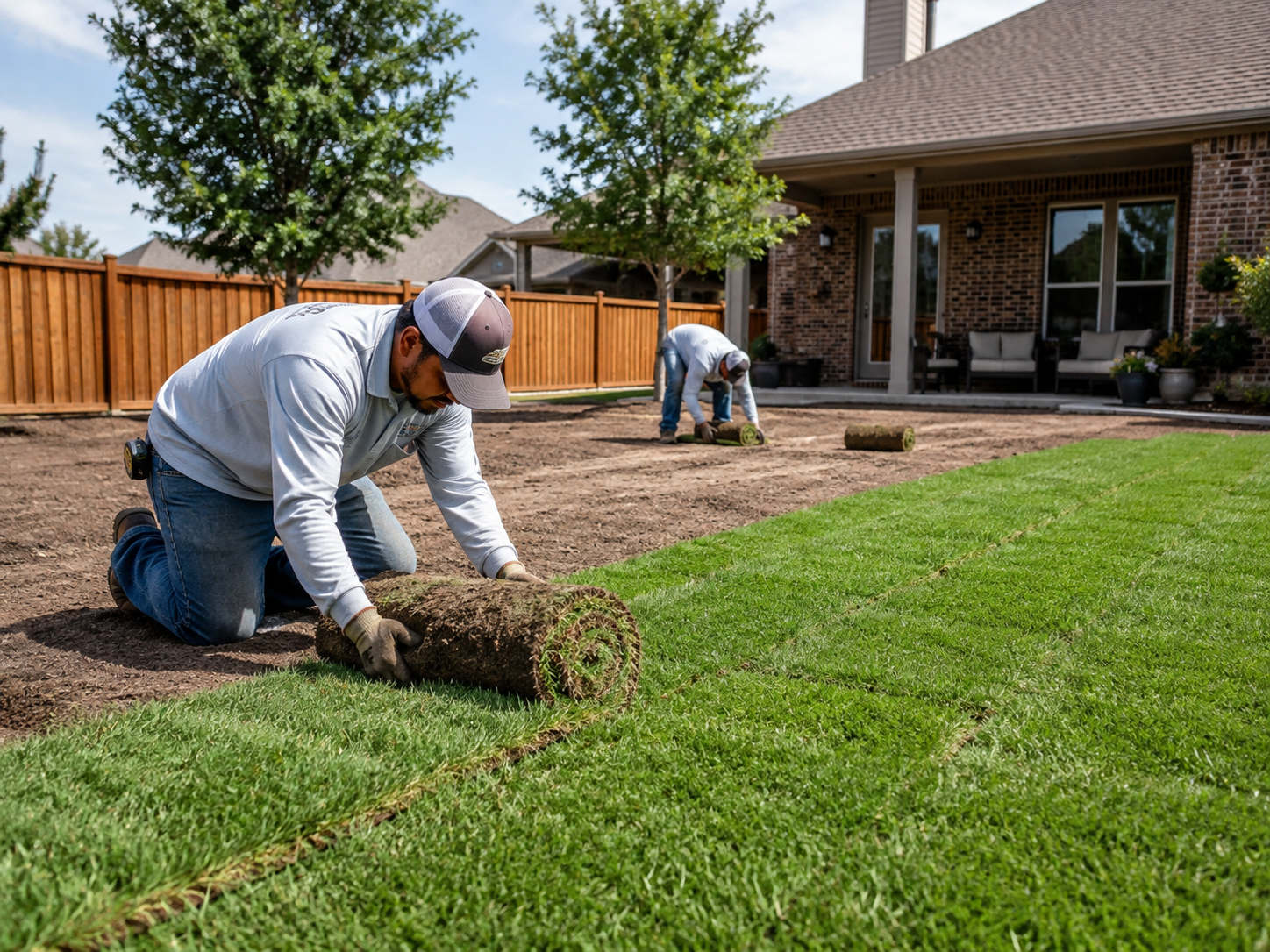 Two crew members rolling out sod in a backyard during new lawn installation in Brenham, Texas