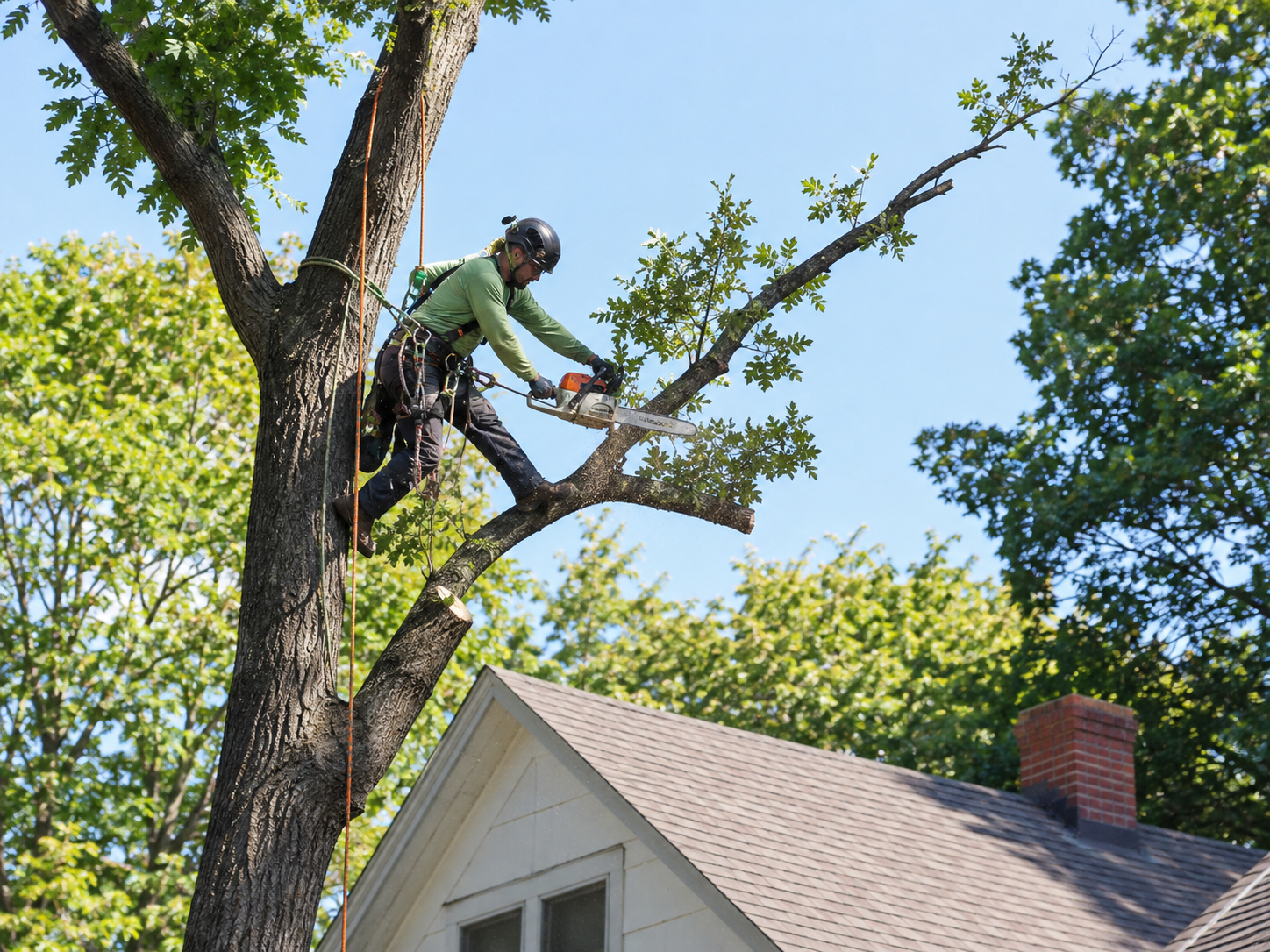 Arborist with chainsaw and rope harness trimming high branches from a large oak tree above a home