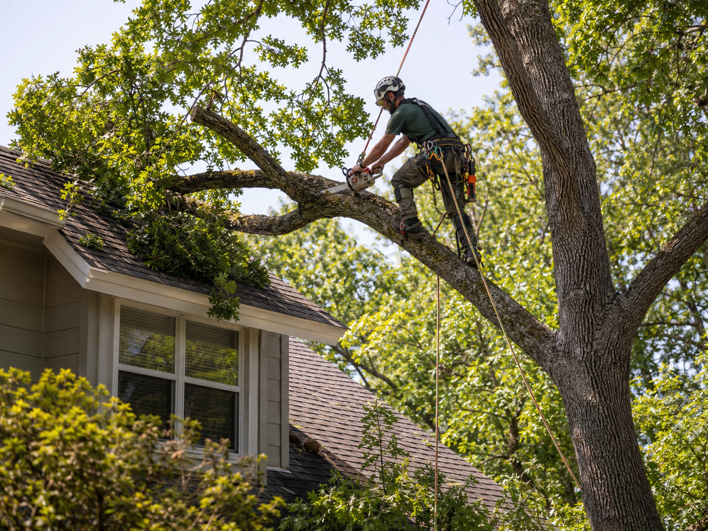 Arborist in safety harness cutting a large limb hanging over a residential roofline