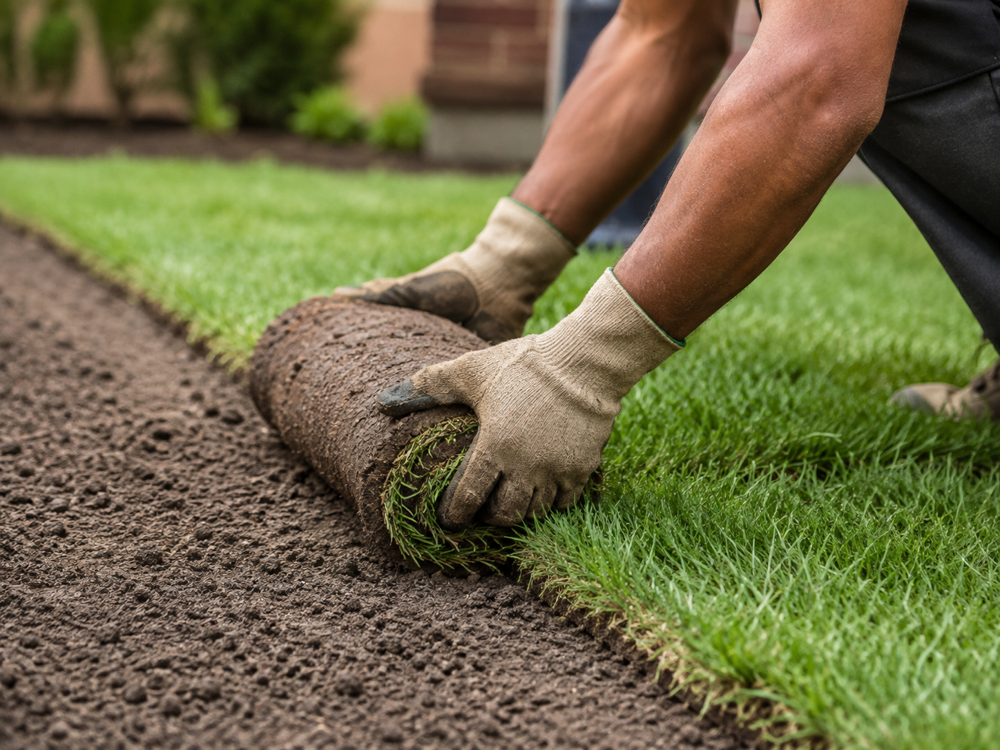 Close-up of gloved hands unrolling a sod roll onto prepared soil during turf replacement
