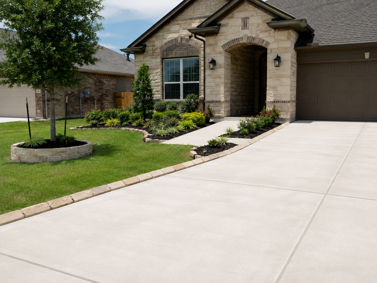 Clean concrete driveway and walkway at a Central Texas home after professional driveway cleaning