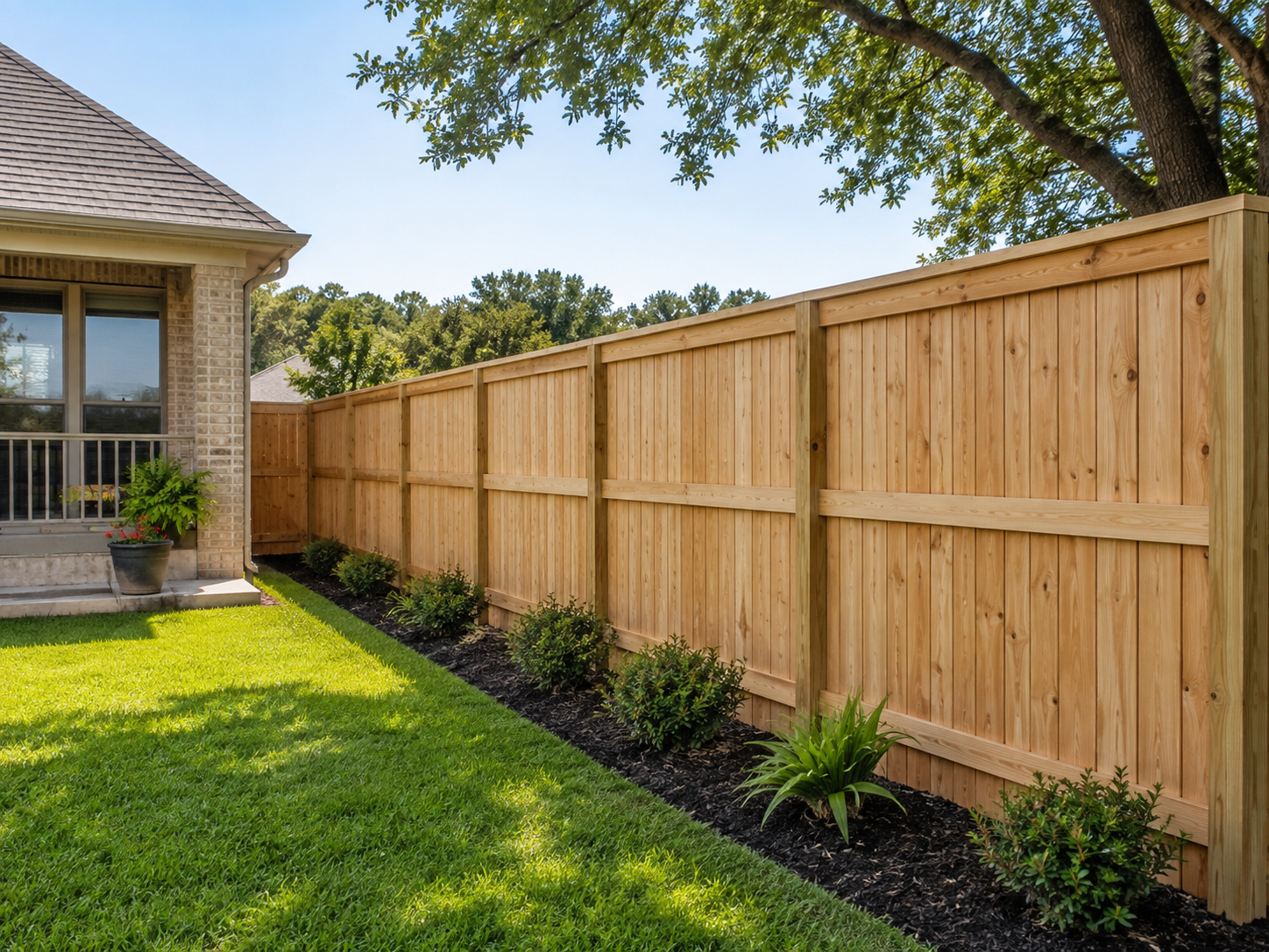 New cedar wood privacy fence with cap rail along a green backyard in Central Texas