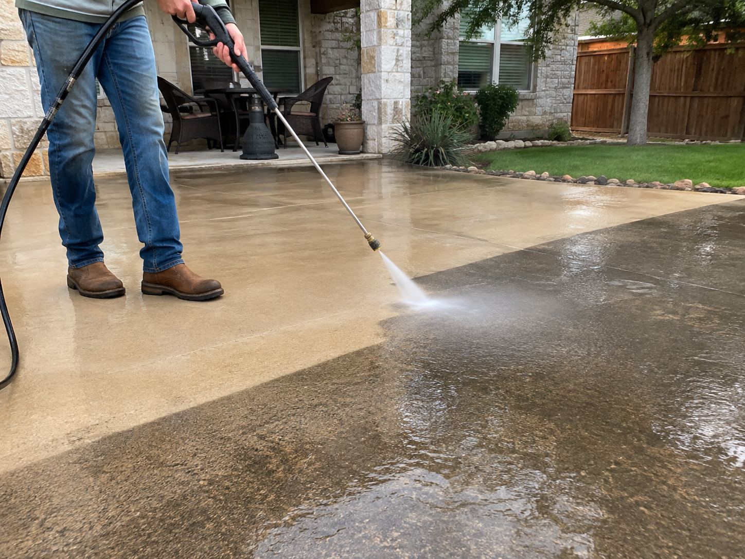 Pressure washing service cleaning an exterior concrete surface at a Central Texas residential property