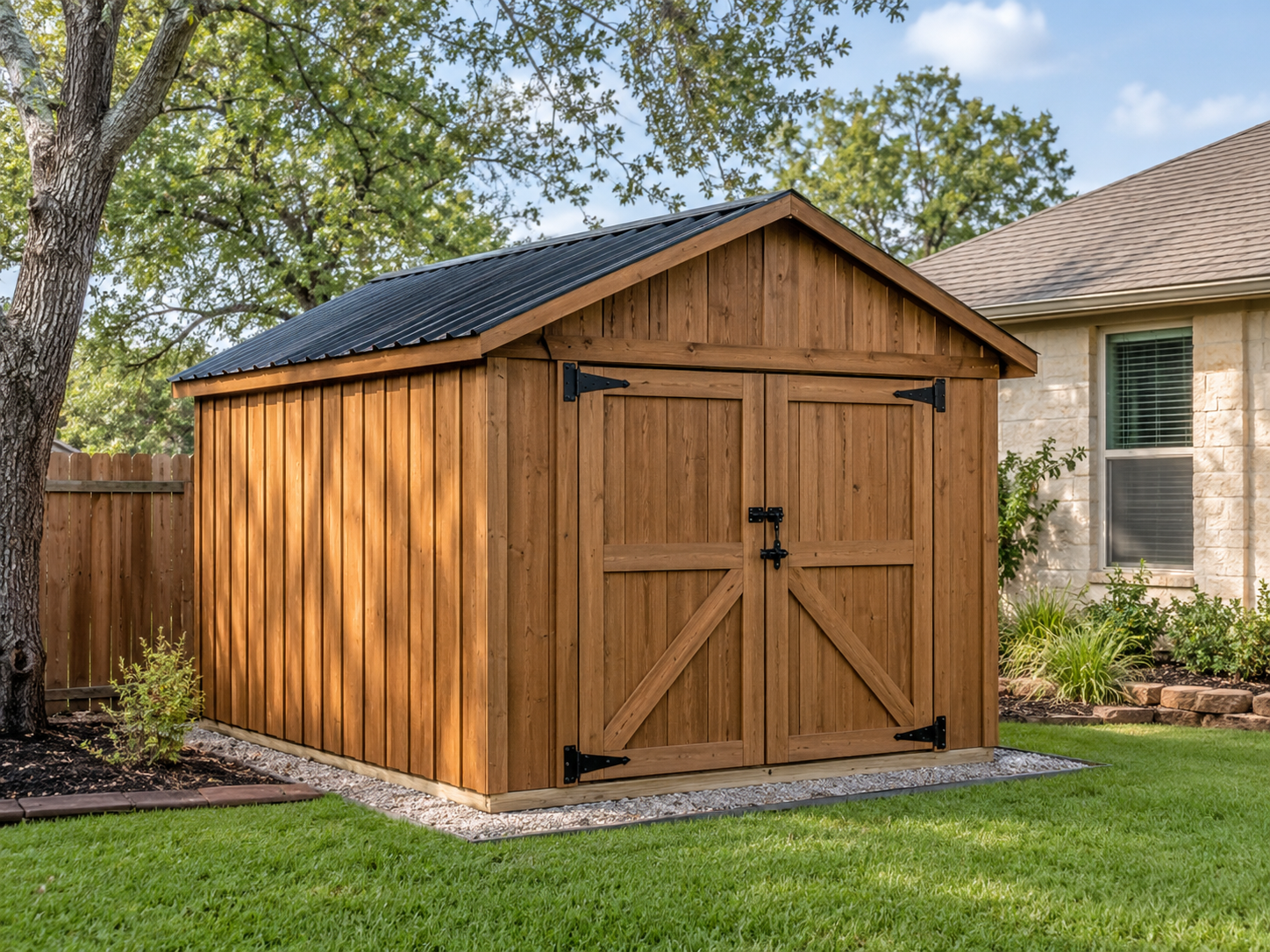 Custom built wood storage shed in a residential backyard in Central Texas