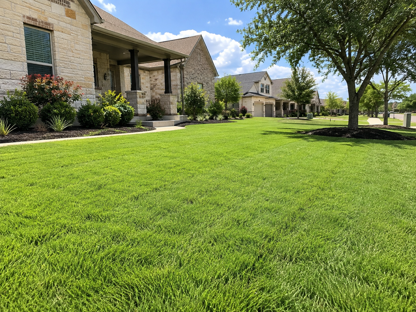 Lush green turf lawn with manicured edges in front of a Central Texas stone residential neighborhood